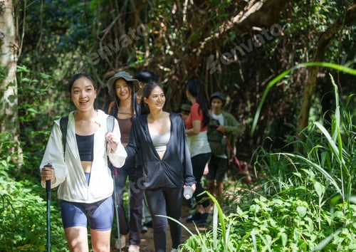 Preview: Happy young asian women hiking in green forest