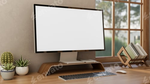 Preview: White screen computer and book rack with cactus pot on wooden table aside the wall and glass window.