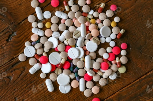 Preview: Top view of the colorful and various pills on the wooden surface