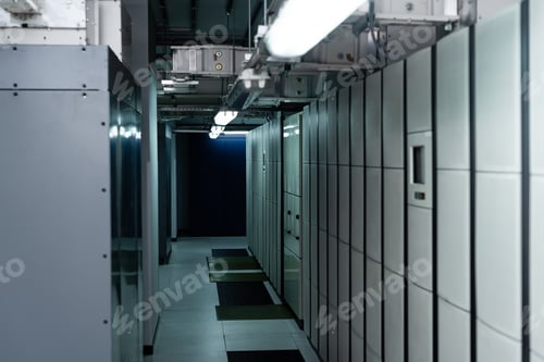 Preview: interior of data center with closed servers, cyber security concept