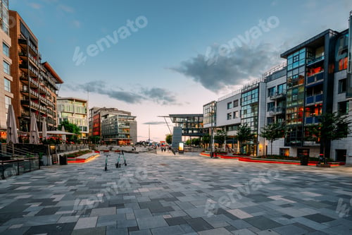 Preview: Oslo, Norway. Residential Multi-storey Houses In Aker Brygge District In Summer Evening. Famous And