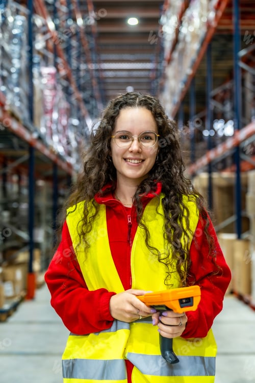 Preview: Woman holding scanner in a distribution warehouse