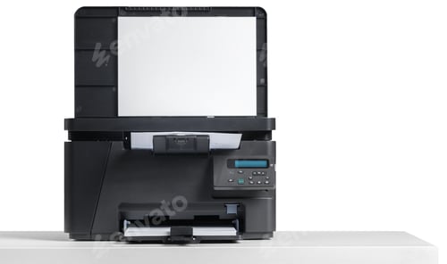 Preview: Office printer on a white table with a blank page ready for printing in a modern workspace