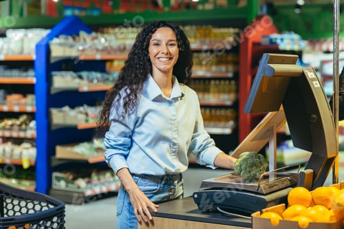 Preview: Portrait of a happy woman shopper in a supermarket, a Hispanic woman weighs broccoli cabbage on a