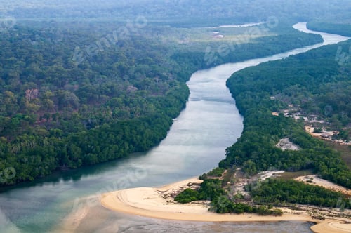 Preview: Aerial view to the ocean coast, river and rainforest.