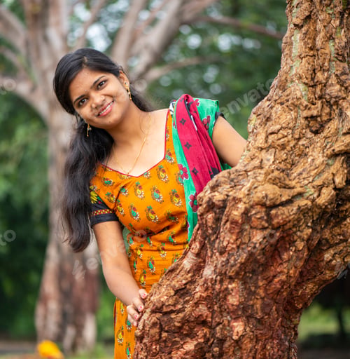 Preview: Young girl near tree trunk and she enjoying fresh air outdoors