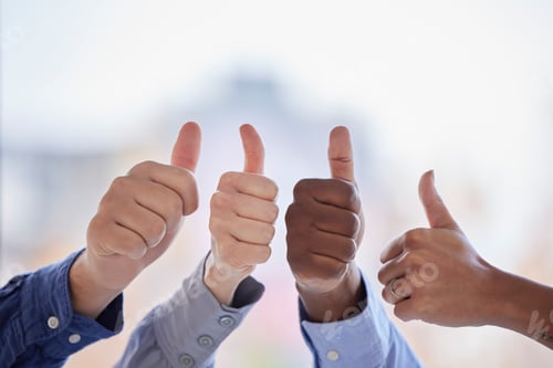 Preview: Business people, hands and thumbs up for teamwork, success and agreement with mockup space. Closeup