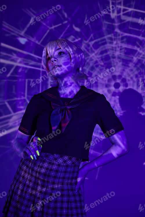 Preview: young anime style woman in school uniform posing with hand on hip in blue abstract projection