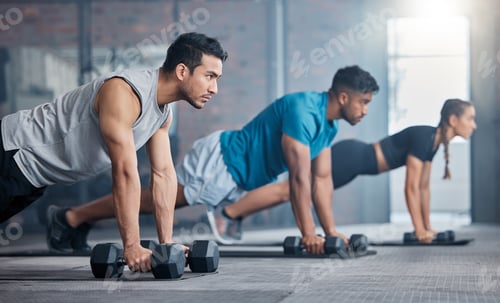 Preview: Gym, dumbbell plank and people focus on fitness diet, body health goals or performance wellness com