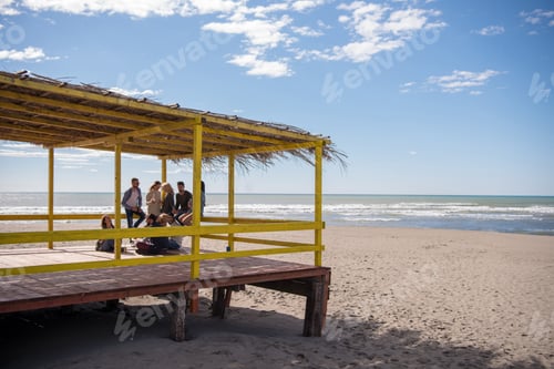 Vista previa: Group of friends having fun on autumn day at beach