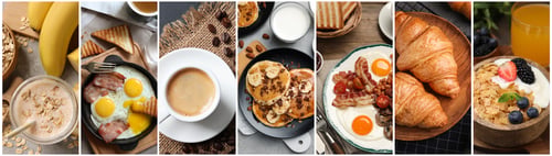 Preview: Assortment of tasty breakfasts. Collage with different meals and drinks