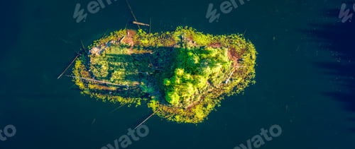 Preview: Green Island in a lake. Aerial View. Vancouver Island, BC, Canada