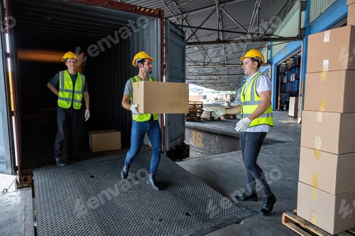 Preview: Worker carry carton box taken from 40 feet steel container on the trailer truck park at warehouse