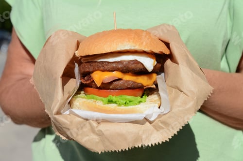 Preview: Woman holding delicious burger in paper wrap on blurred background, closeup