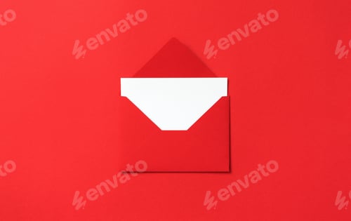Preview: Red envelope with blank postcard, empty letter or template greeting card on red