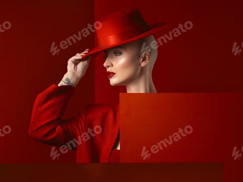 Preview: Fashion, woman and red hat with cosmetic or luxury in studio background with retro suit. Style, cla