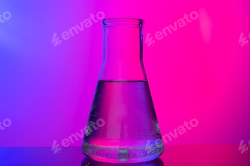 Preview: Chemical glassware close up on neon pink-purple background