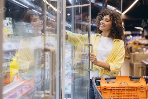 Preview: Smiling Woman Opening Refrigerator Door in Supermarket