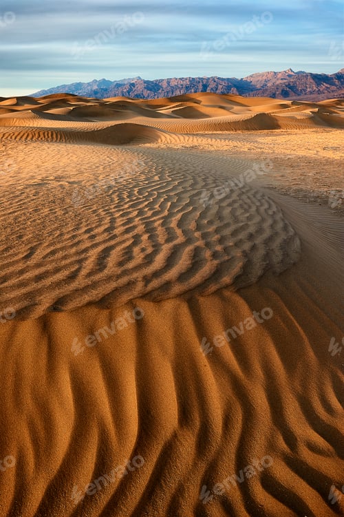 Preview: sand dunes and mountains are in the distance in an open field