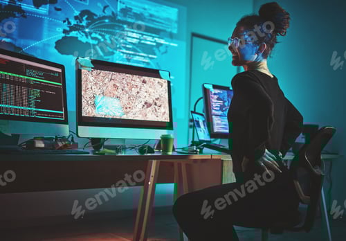 Preview: Woman, back pain and computer programmer, software engineering or cybersecurity at night, stress an