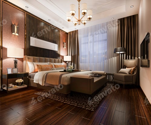 Preview: 3d rendering beautiful luxury bedroom suite in hotel with tv at night