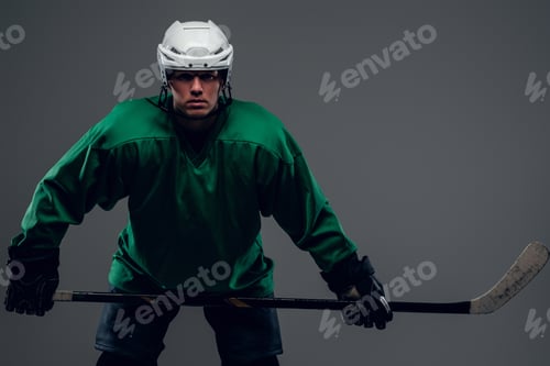 Preview: Portrait of hockey player isolated on grey background.