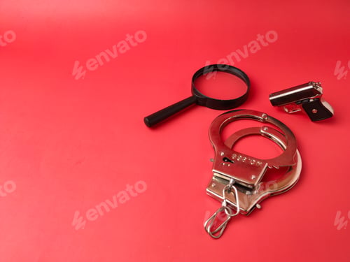 Preview: Top view handgun,magnifying glass and handcuff on a red background