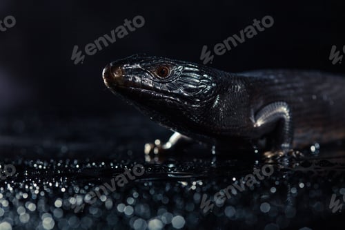 Preview: Black blue tongued lizard in wet dark shiny environement