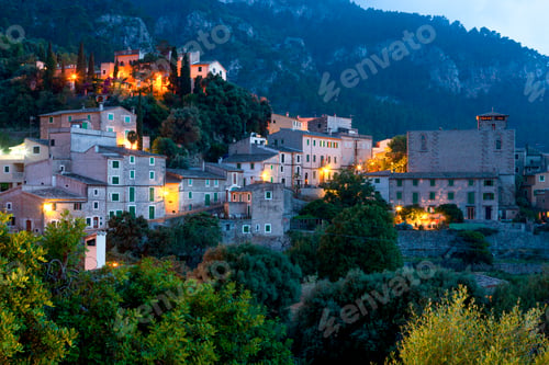 Preview: Estellencs village at dusk, La Tramuntana mountain range, Majorca, Spain