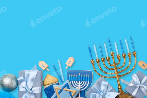 Preview: Colorful Hanukkah gifts and menorah displayed on blue background