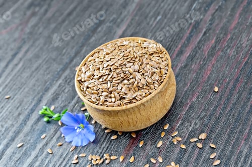 Preview: Flaxen brown seed in bowl with flower on board