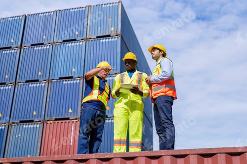 Preview: 3 engineer working in container storage yard use digital tablet check quantity prepare to delivery