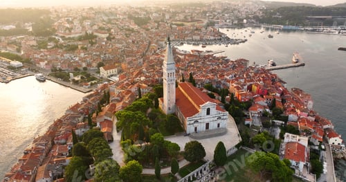 Preview: Aerial panorama of Croatian landmark, Old Town Rovinj, Church, Istria, Croatia