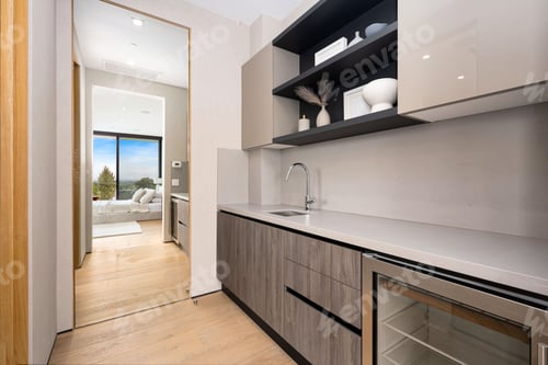 Preview: Contemporary kitchen with sink, shelves, and a tall mirror