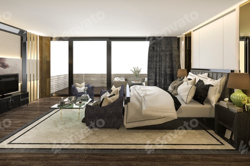 Preview: 3d rendering beautiful luxury bedroom suite in hotel with tv