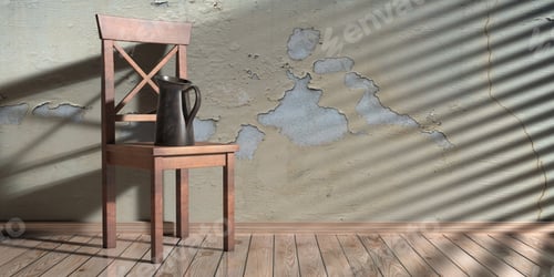 Preview: Metal jar on a classic chair, house room interior background. 3d illustration