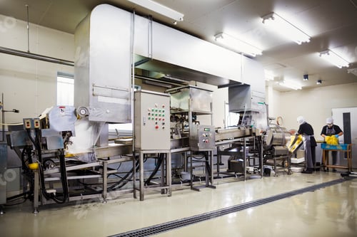 Preview: Worker in a factory producing Soba noodles, checking the flow of fresh cut noodles from the cutting