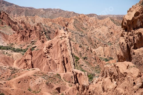 Preview: Panoramic photo of the arid desert of Skazka Canyon in Kyrgyzstan.