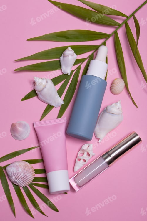 Preview: Beauty background with facial cosmetic products with empty copy space. Makeup, skin care concept