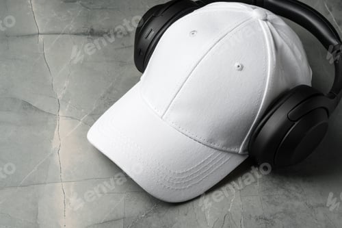 Preview: Baseball cap with black headphones on dark background