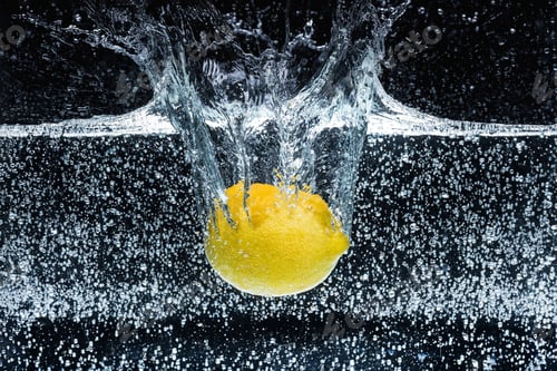 Preview: close up view of lemon in water isolated on black