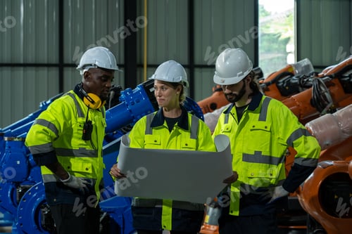 Preview: Engineer working with robot arm automated welding machine in modern metal factory.