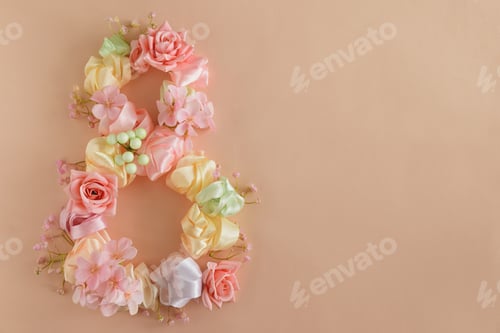 Preview: Floral Number Eight with Satin Bow. Elegant Womens Day Decoration on Pink Background