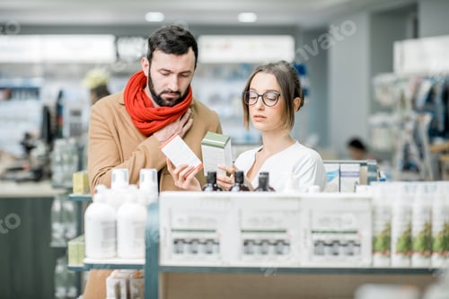 Preview: Pharmacist with client in the pharmacy store
