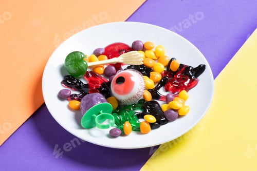 Preview: Assortment of Halloween candies on colorful background