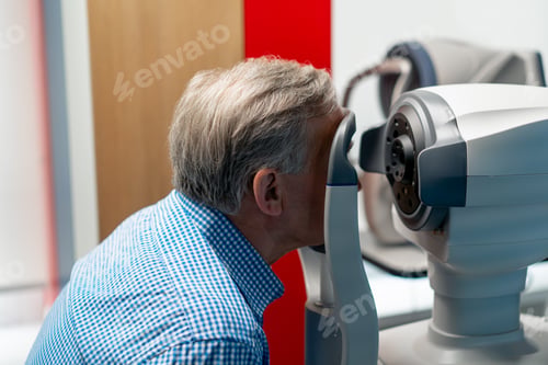 Preview: in an ophthalmology clinic an elderly patient sits on a focal length diagnostic test