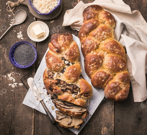 Preview: Tsoureki braid, greek easter sweet bread, on wood