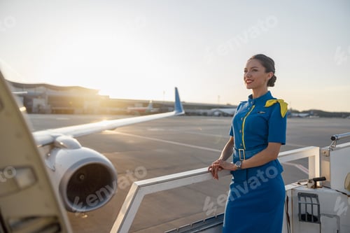 Preview: Pretty air stewardess in blue uniform smiling away, standing outdoors at the sunset