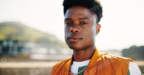 Preview: City, black man and portrait with pride for fashion, streetwear and confidence for cool clothes by