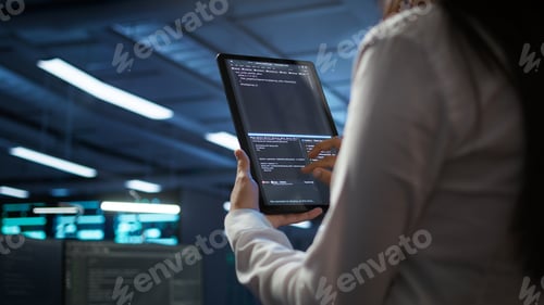 Preview: Close up of woman doing maintenance in server room using tablet